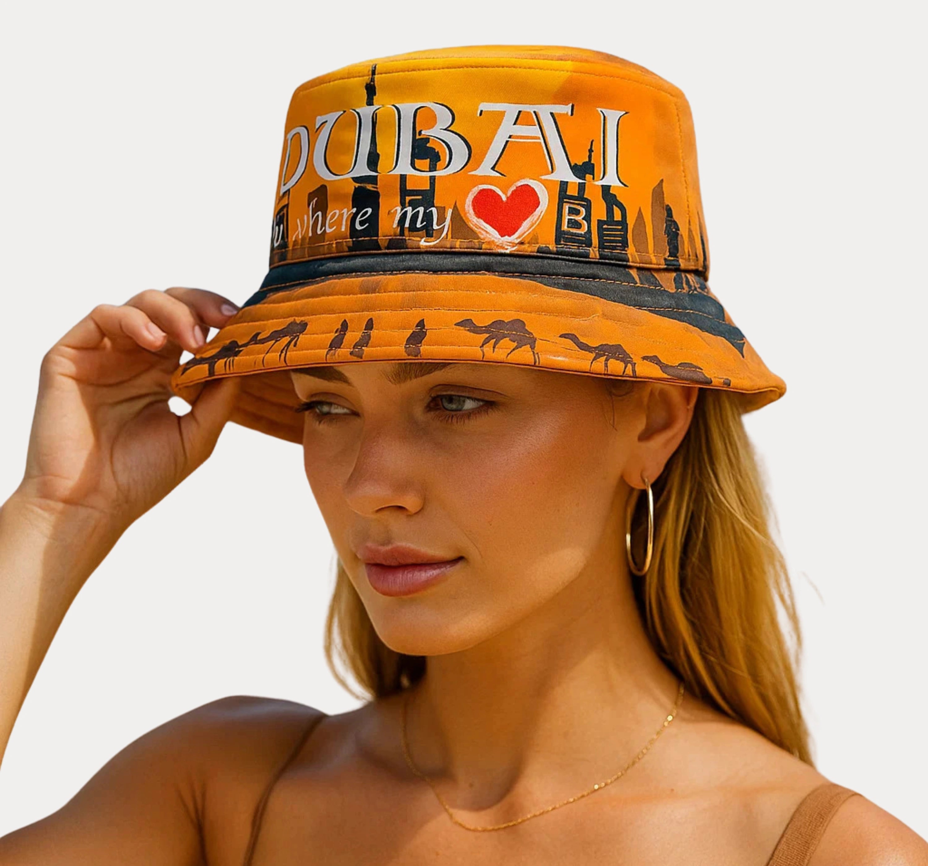 Unisex Bucket Hat UK adorned with Dubai design, perfect for trendy streetwear style.