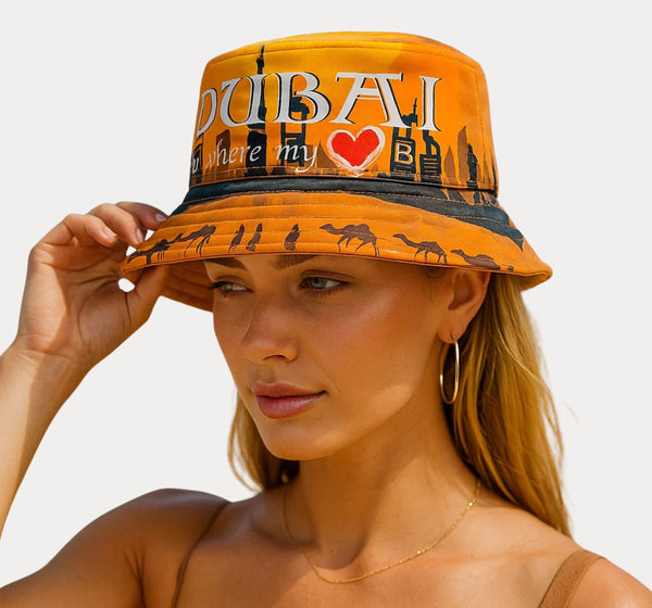 Unisex Bucket Hat UK adorned with Dubai design, perfect for trendy streetwear style.