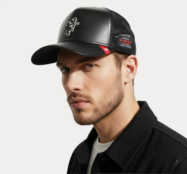Black Leather Trucker Cap UK – lifestyle streetwear photo