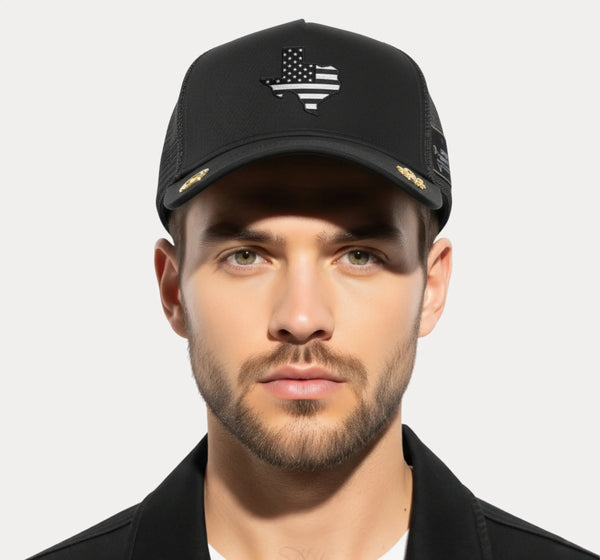 Texas Trucker Cap UK Black – embroidered Texas logo close-up