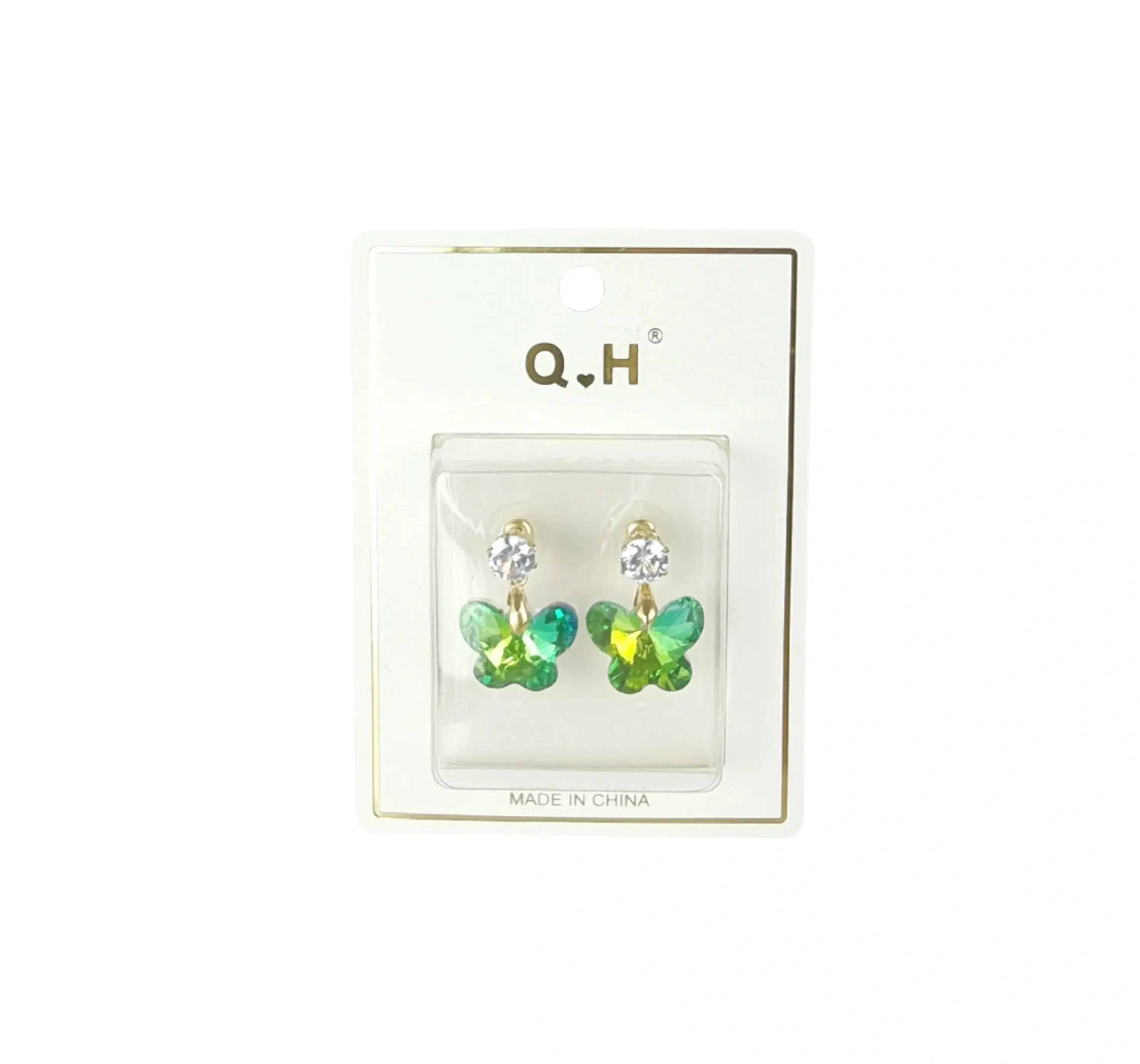 Butterfly Earrings UK – Elegant artificial butterfly jewellery with green stones and crystal details.