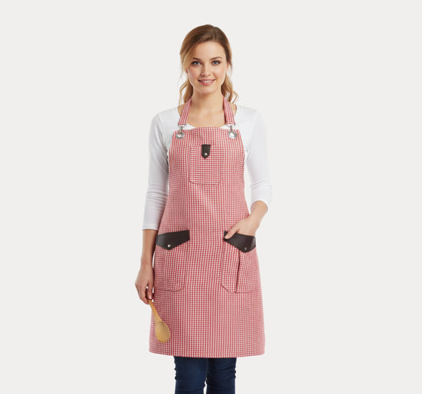 Red Checkered Housewife Apron UK – lifestyle kitchen photo