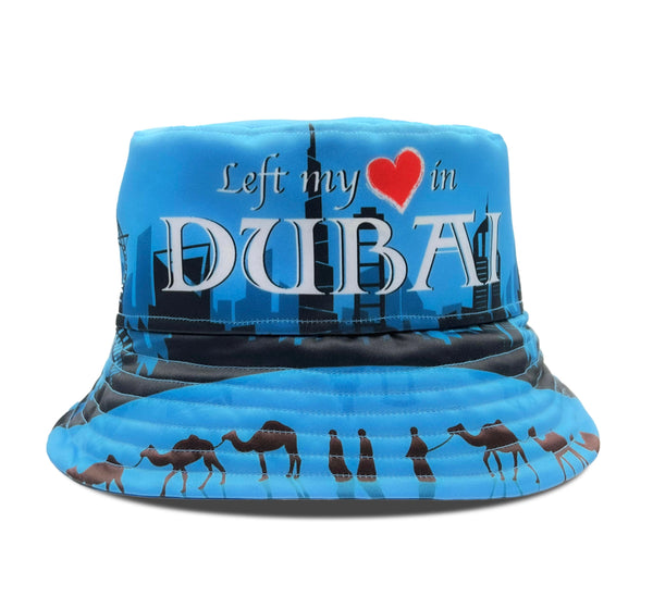 Habibi Come to Dubai Bucket Hat featuring bold text and colorful Dubai skyline design.