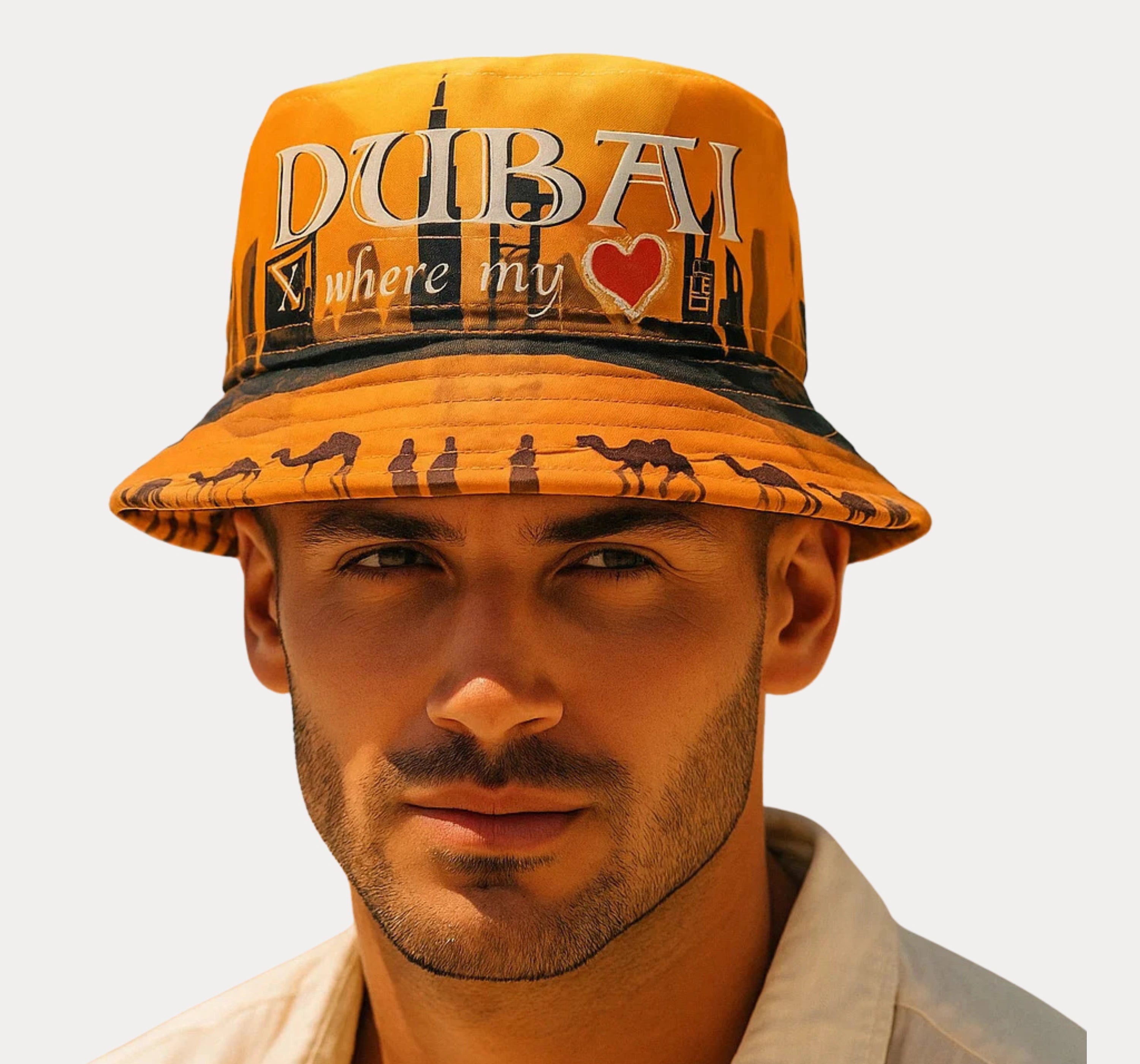 Unisex Bucket Hat UK worn by a man, featuring Dubai print with vibrant colors and comfortable fit for streetwear.