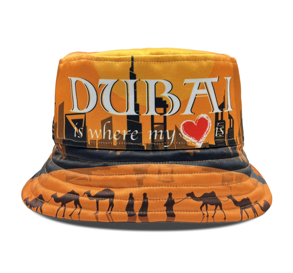 Unisex Bucket Hat UK featuring Dubai skyline design, lightweight streetwear for everyday style.