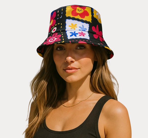 Aesthetic Bucket Hat in colorful floral pattern worn by a model with long hair, showcasing trendy streetwear style.