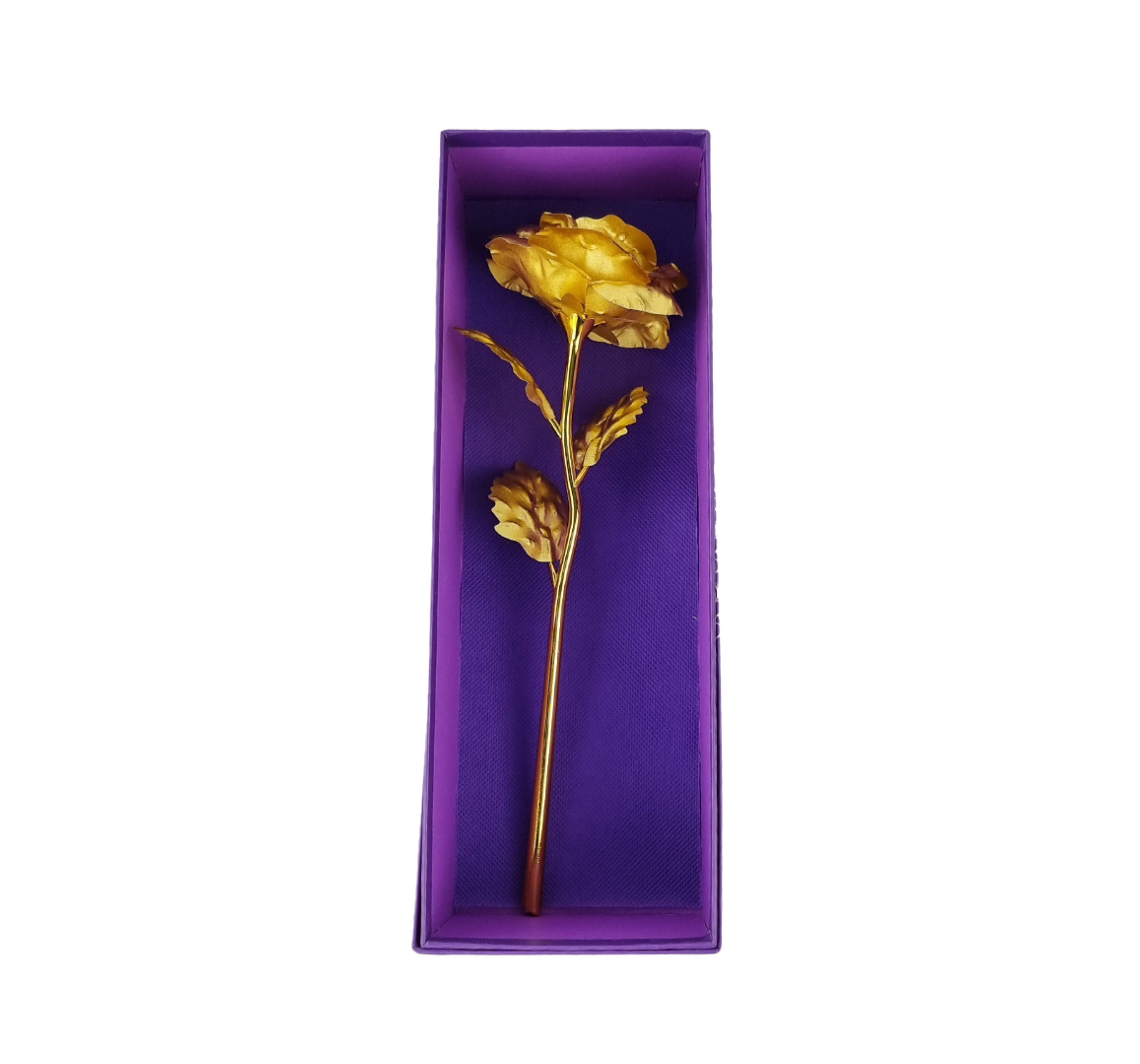 Artificial Gold Roses UK displayed in a purple box, showcasing elegance and everlasting beauty.