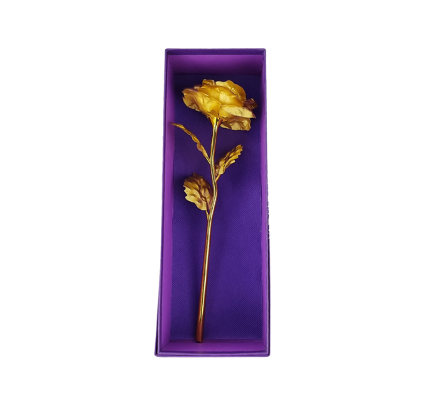 Artificial Gold Roses UK displayed in a purple box, showcasing elegance and everlasting beauty.
