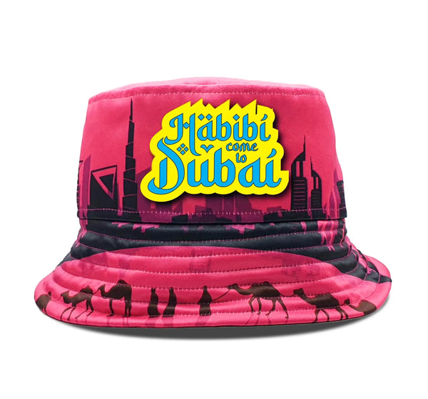 Habibi Dubai Bucket Hat (Pink) with skyline design – trendy streetwear accessory for summer fashion.
