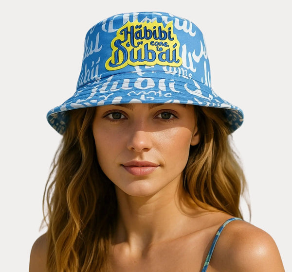 Habibi Come to Dubai Bucket Hat on a model, showcasing stylish streetwear and Middle Eastern vibes.