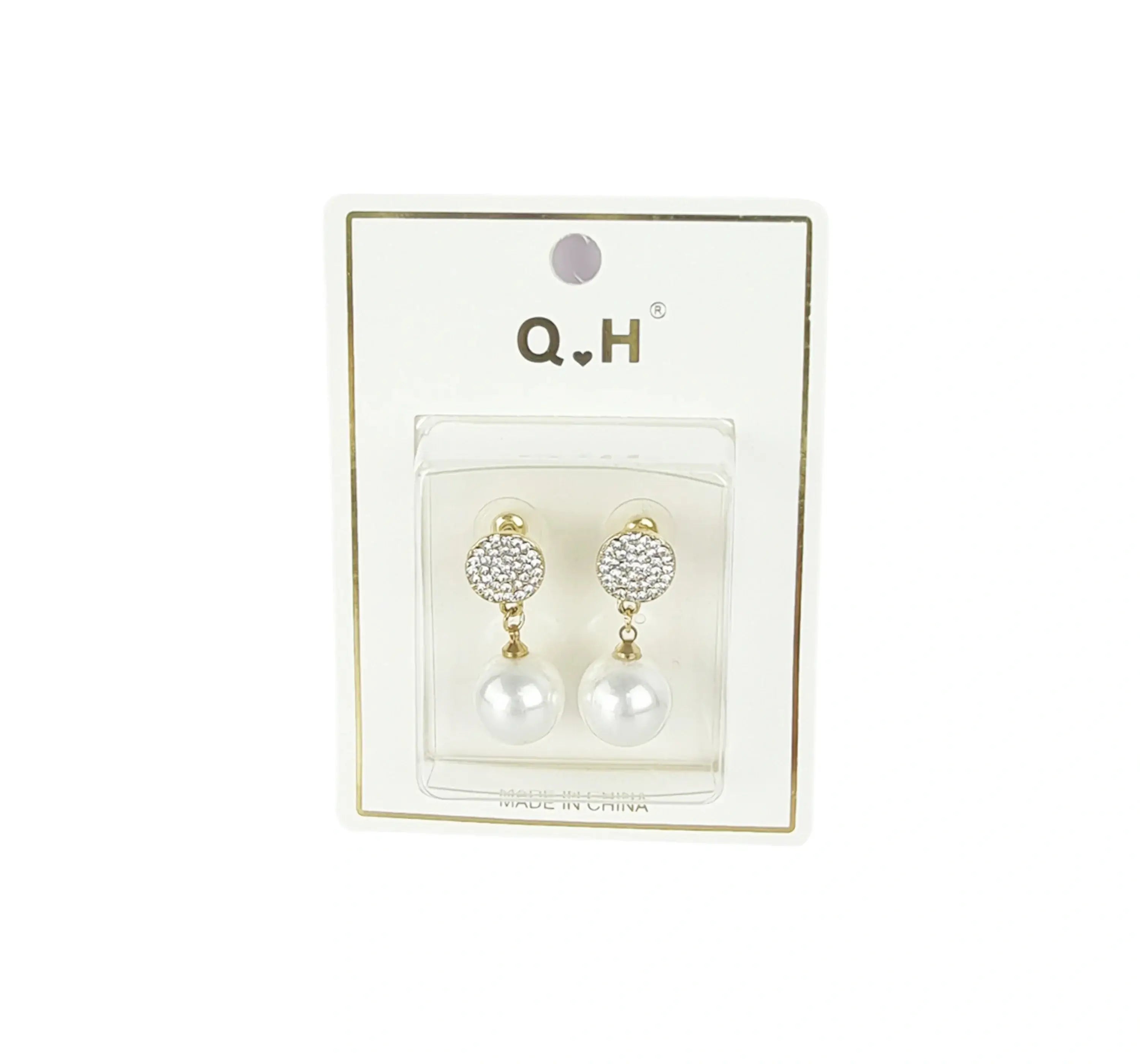 Artificial Pearl Dangle Earrings UK displayed on packaging, featuring elegant design with sparkling details.