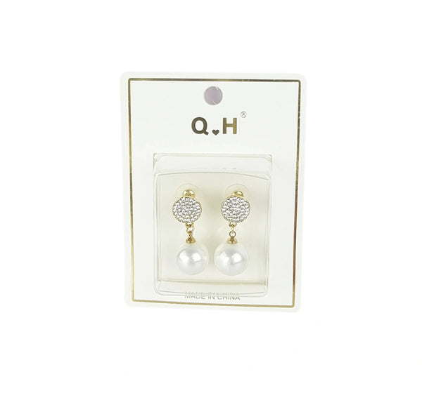 Artificial Pearl Dangle Earrings UK displayed on packaging, featuring elegant design with sparkling details.