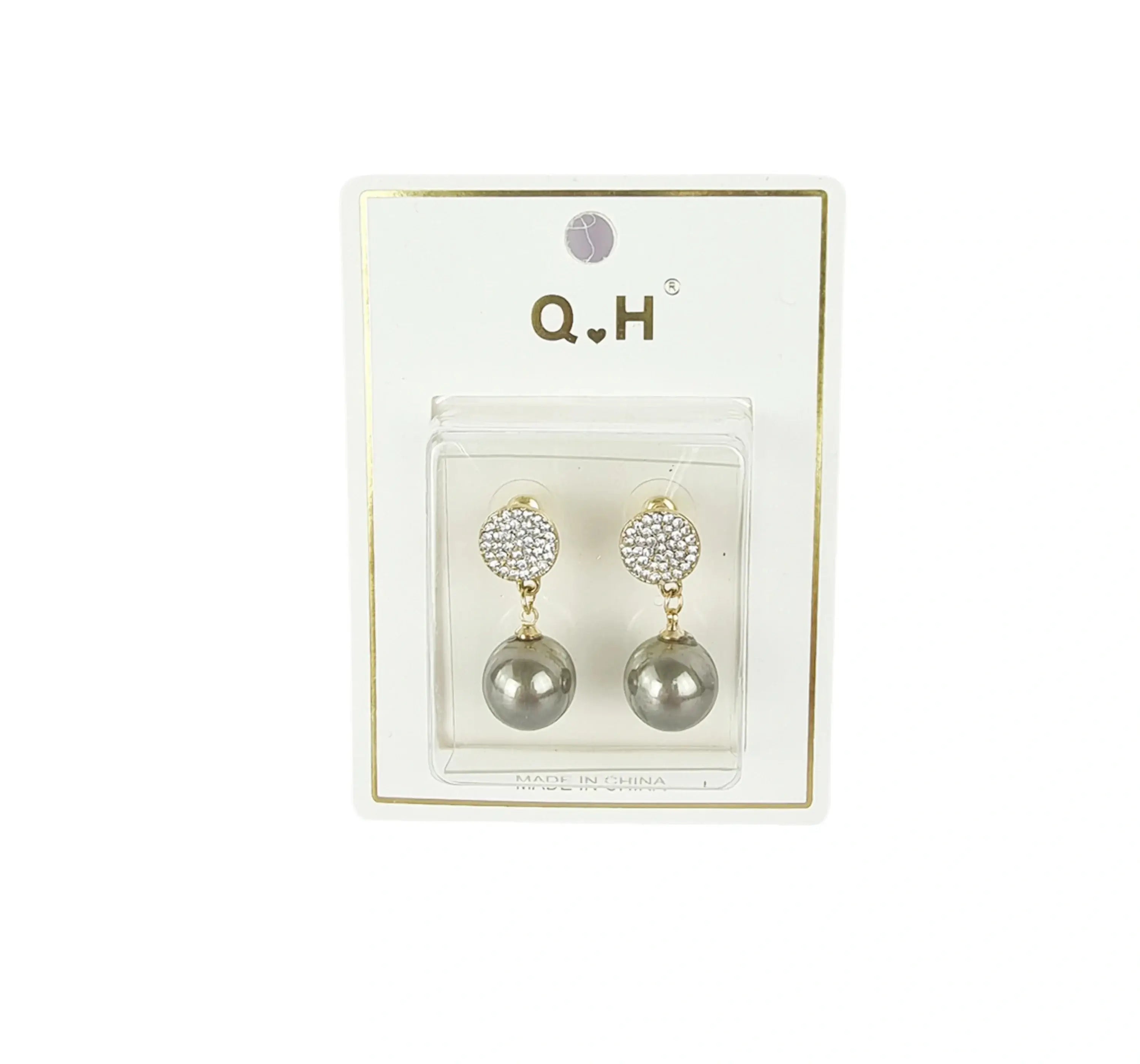 Artificial Pearl Dangle Earrings UK in stylish packaging with grey pearls and crystal accents for elegant women.