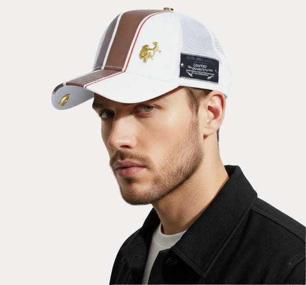 Side view of Red Monkey Cap UK Brown showing racer stripe