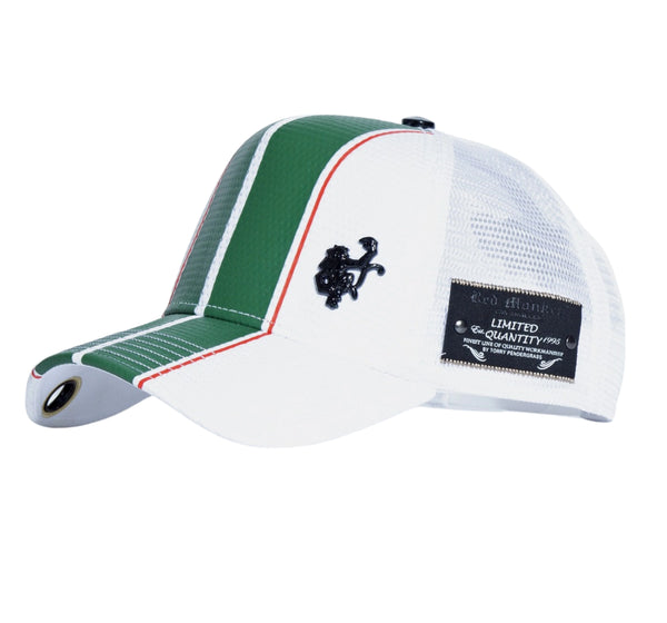 Close-up of Red Monkey Stripe Racer Cap UK logo embroidery with premium detailing