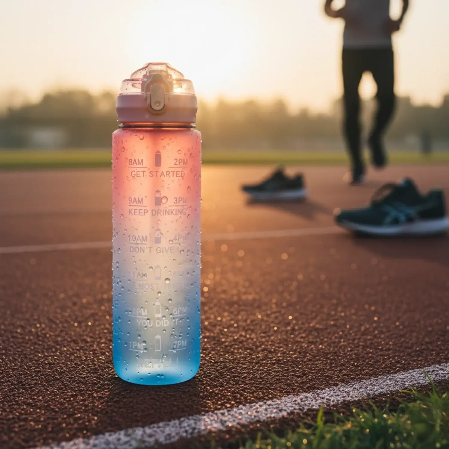 Best Gym Water Bottle UK - Sunrise Glow Bottle with gradient color on a running track at sunset.