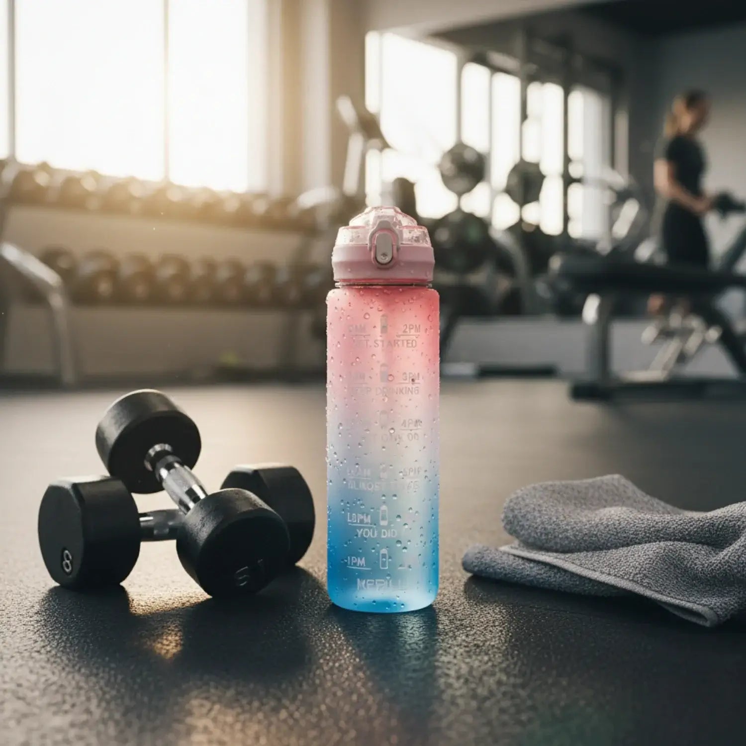 Best Gym Water Bottle UK - Zozaza Sunrise Glow Bottle with peach-to-blue gradient on gym floor.