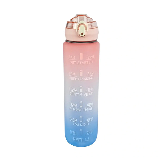 Best Gym Water Bottle UK - Sunrise Glow Bottle with motivational time markers and a peach-to-blue gradient design.