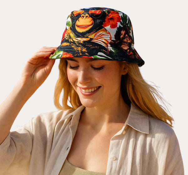 Woman wearing a Monkey Bucket Hat UK with a cute monkey design and floral patterns, perfect for trendy streetwear.