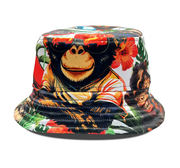 Monkey Bucket Hat UK featuring playful monkey design and tropical print, perfect for trendy streetwear.
