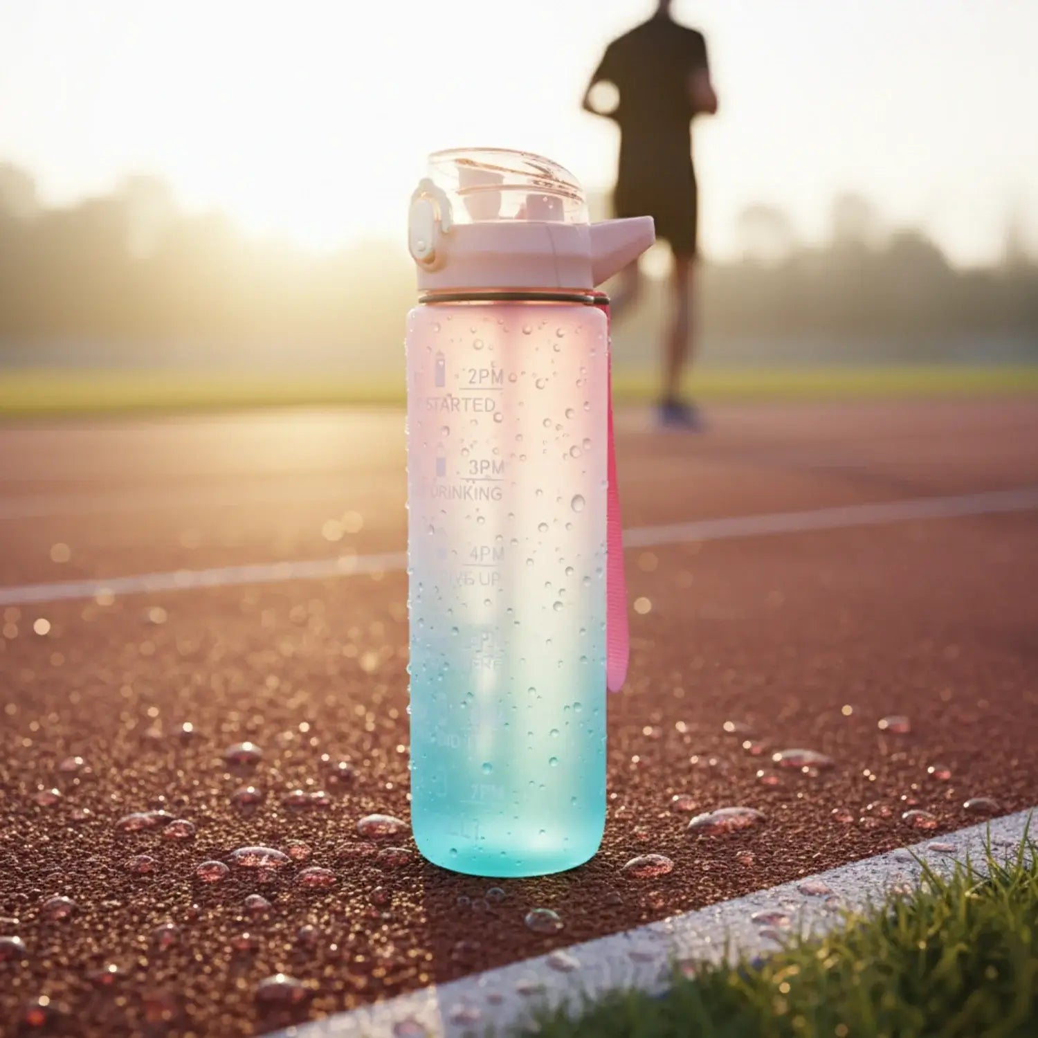 Best Value Gym Water Bottle UK with a gradient design on a running track during sunset.