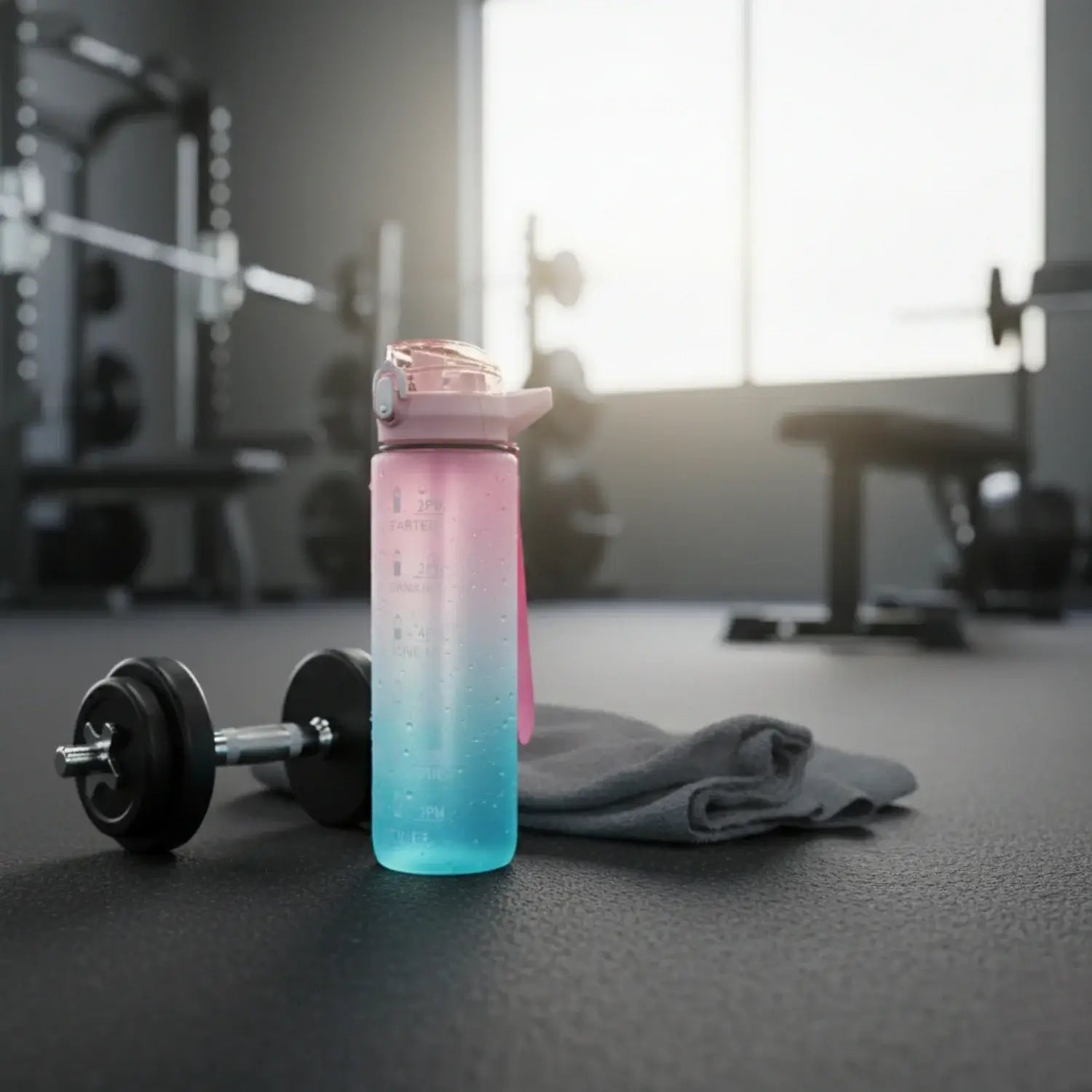 Best Value Gym Water Bottle UK in two-tone design beside dumbbell and towel in a gym setting.