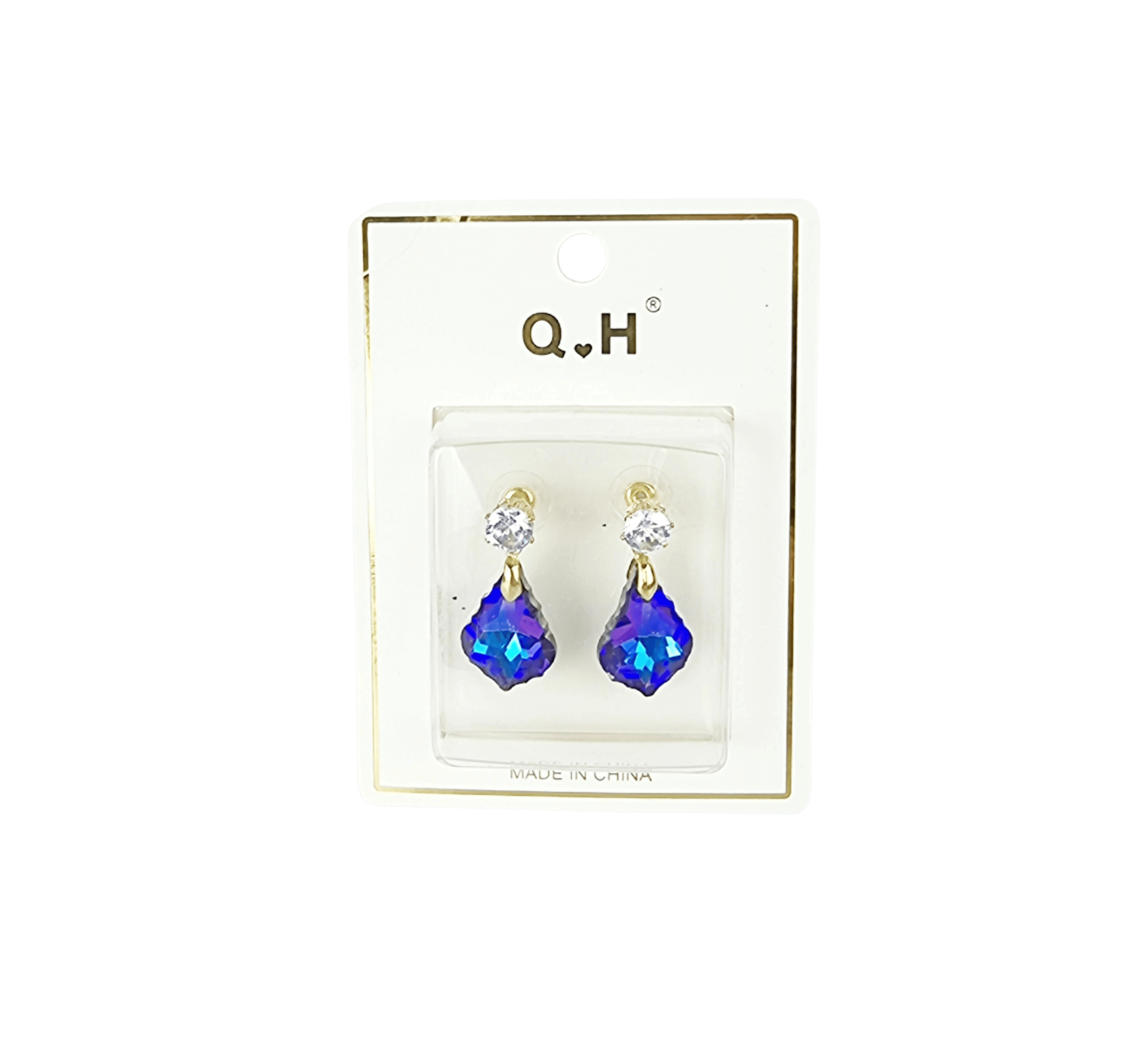 Artificial Crystal Earrings UK in blue and gold packaging, featuring sparkling crystals for elegant accessory.