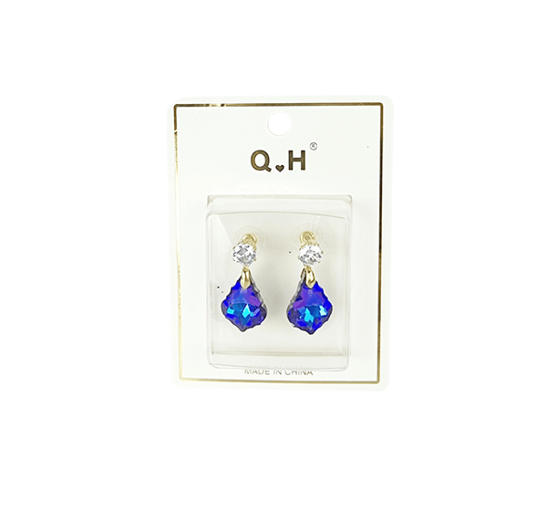 Artificial Crystal Earrings UK in blue and gold packaging, featuring sparkling crystals for elegant accessory.